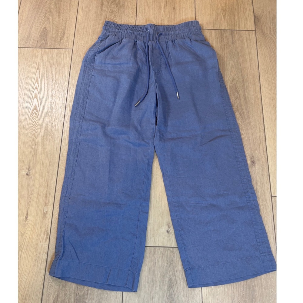 Quince Women Blue 100% Linen Wide Leg Cropped Drawstring Pants Size S